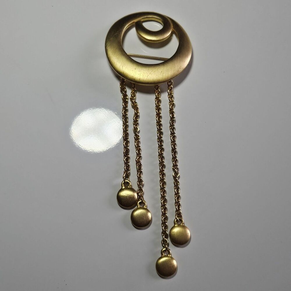 Tona Jewelry Signed Gold Design Swirl Brooch 4 Charms  Dangling from 4 Chains